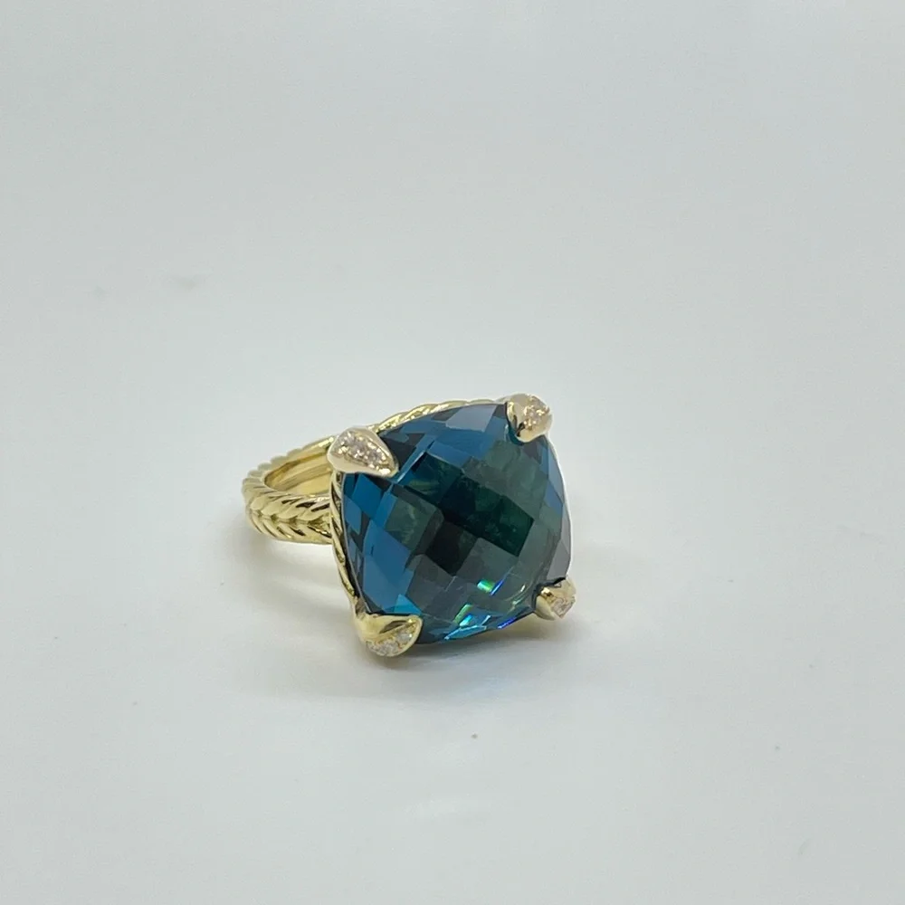 David Yurman Chatelaine Ring 18K Yellow Gold,Hampton Blue Topaz & Diamonds, 14mm - Picture 2 of 16